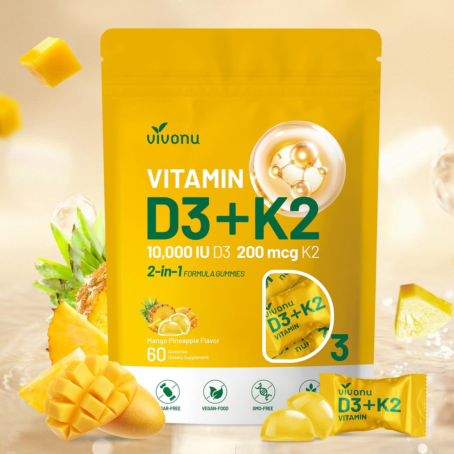 Vitamin D3 K2 Gummies 10000 IU + MK7-200 mcg | 60 Gummies