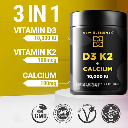 Vitamin D3 K2 Gummies 10000 IU with Calcium 100mg – Vegan, Gluten Free, Non-GMO (Pack of 2)