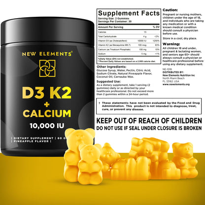 Vitamin D3 K2 Gummies 10000 IU with Calcium 100mg – Vegan, Gluten Free, Non-GMO (Pack of 2)