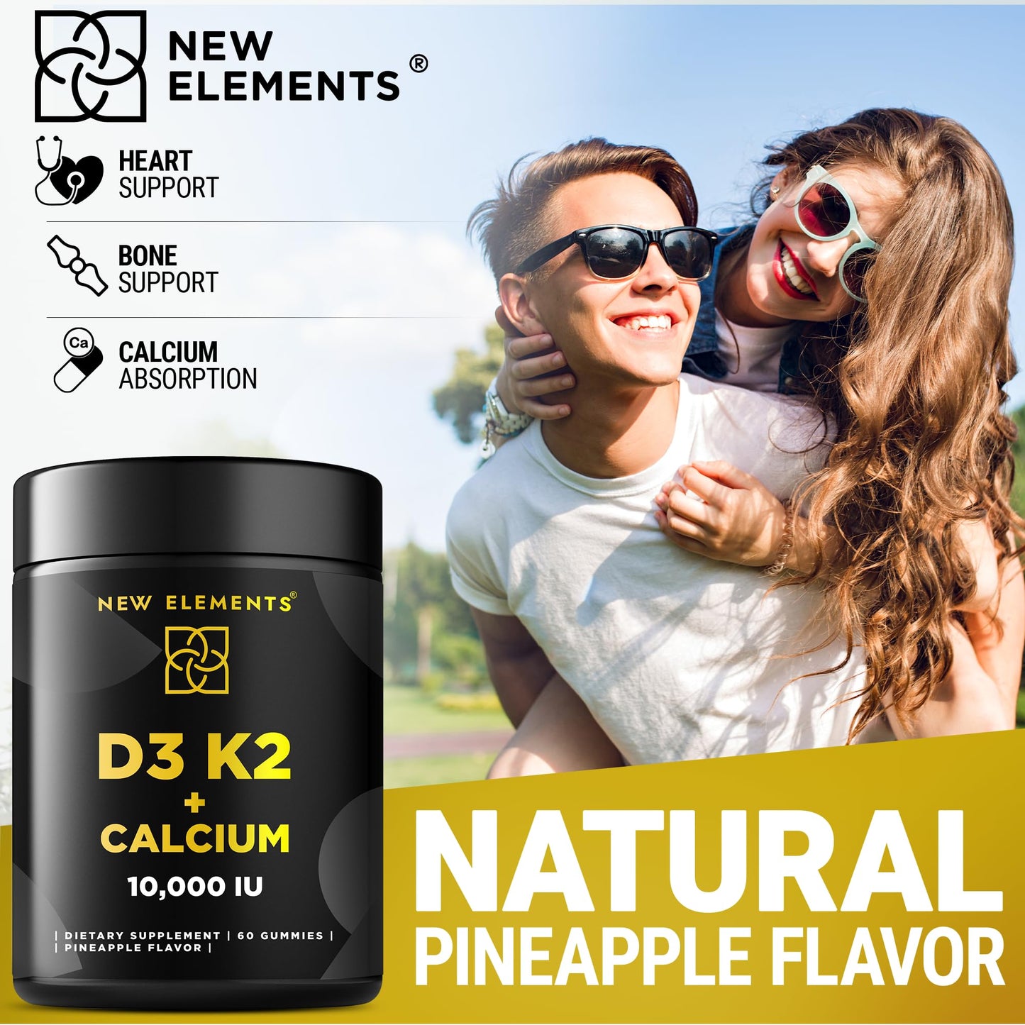 Vitamin D3 K2 Gummies 10000 IU with Calcium 100mg – Vegan, Gluten Free, Non-GMO (Pack of 2)