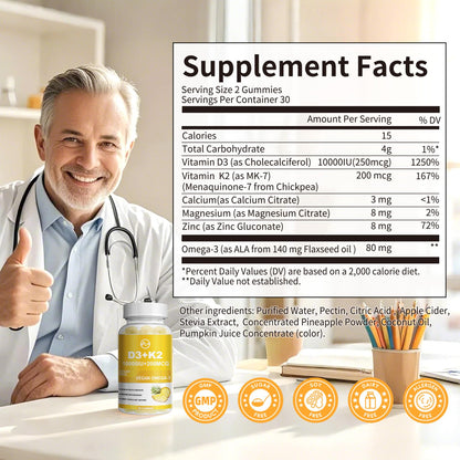 Vitamin D3 K2 Gummies 10000IU MK-7 200mcg – 6-in-1 with Omega-3, Calcium, Magnesium & Zinc | Sugar Free, 2 Packs