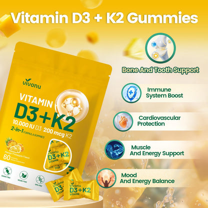 Vitamin D3 K2 Gummies 10000 IU + MK7-200 mcg | 60 Gummies