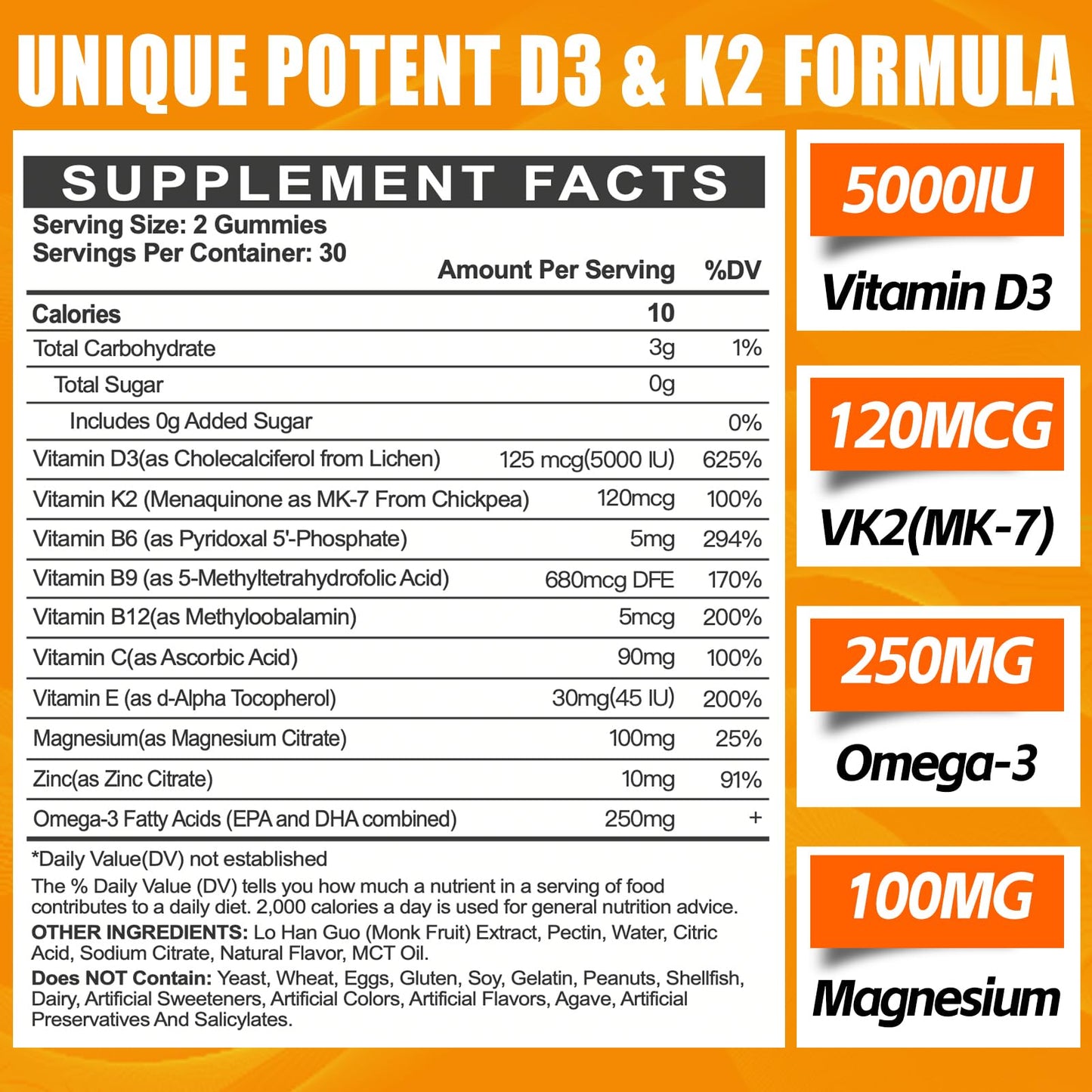 Vitamin D3 K2 Gummies for Adults – 5000IU D3 + 120mcg MK-7 K2 | Sugar-Free, Omega-3 & B Vitamins