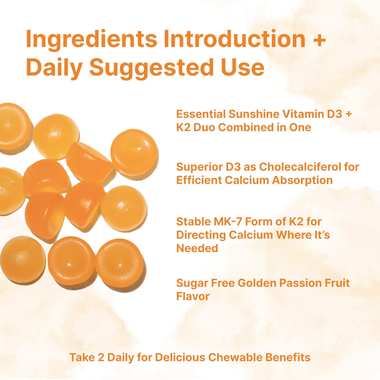 Vitamin D3 K2 Gummies 5,000 IU D3 + 100 mcg MK-7 | 120 Count | Sugar Free Golden Passion Fruit