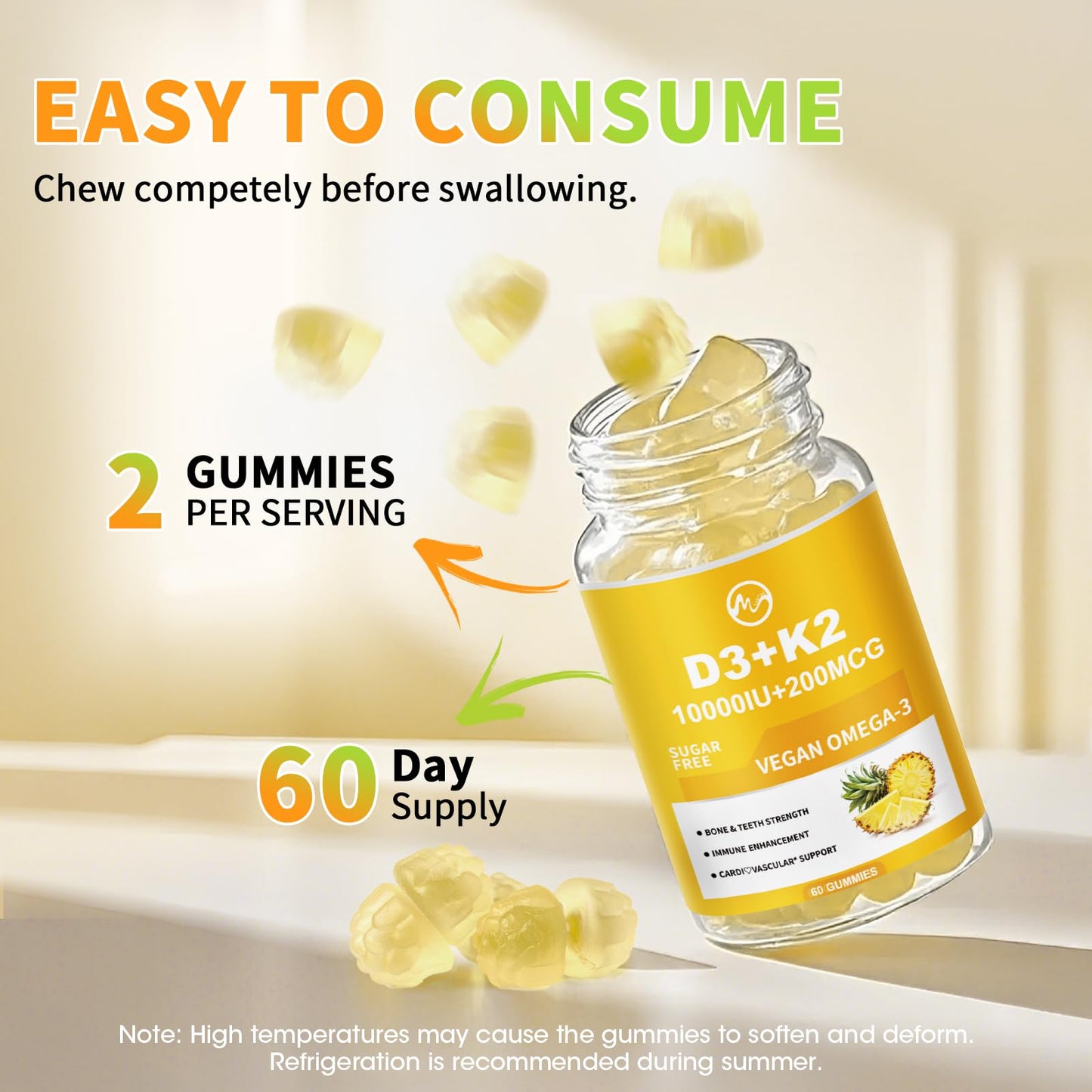 Vitamin D3 K2 Gummies 10000IU MK-7 200mcg – 6-in-1 with Omega-3, Calcium, Magnesium & Zinc | Sugar Free, 2 Packs