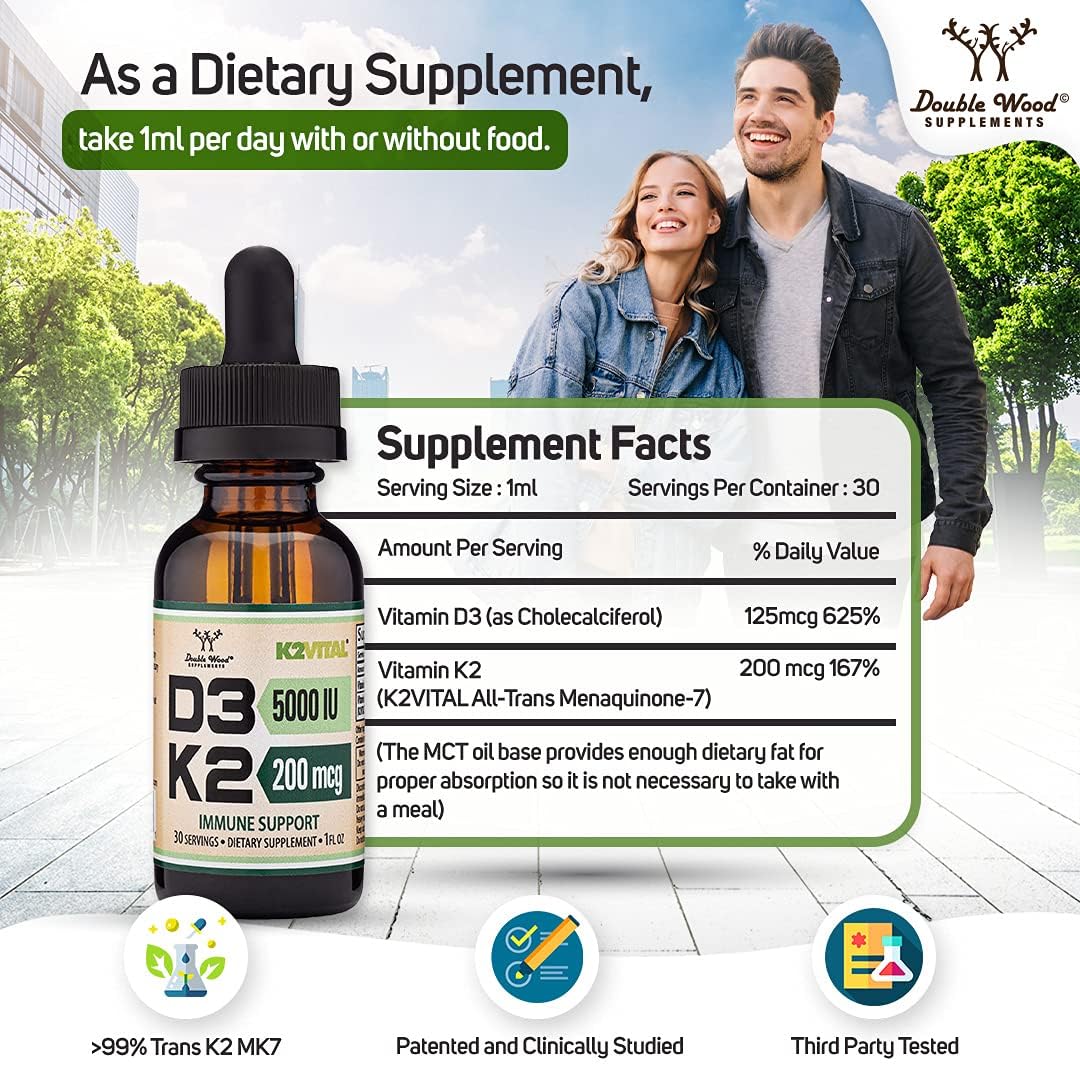 Vitamin D3 K2 5,000 IU Liquid Drops with All-Trans MK-7 (K2Vital) – Double Wood, Pack of 2
