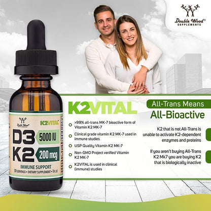 Vitamin D3 K2 5,000 IU Liquid Drops with All-Trans MK-7 (K2Vital) – Double Wood, Pack of 2