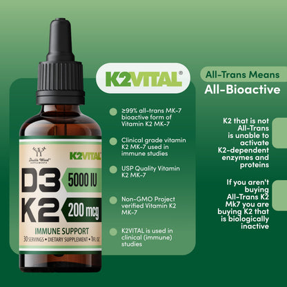 Vitamin D3 K2 5,000 IU Liquid Drops with All-Trans MK-7 (K2Vital) – Double Wood, Pack of 2