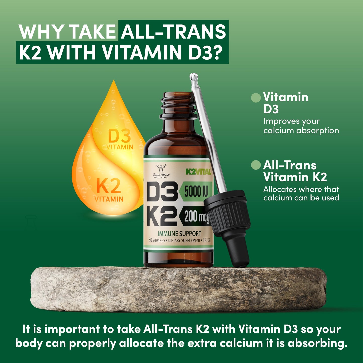 Vitamin D3 K2 5,000 IU Liquid Drops with All-Trans MK-7 (K2Vital) – Double Wood, Pack of 2