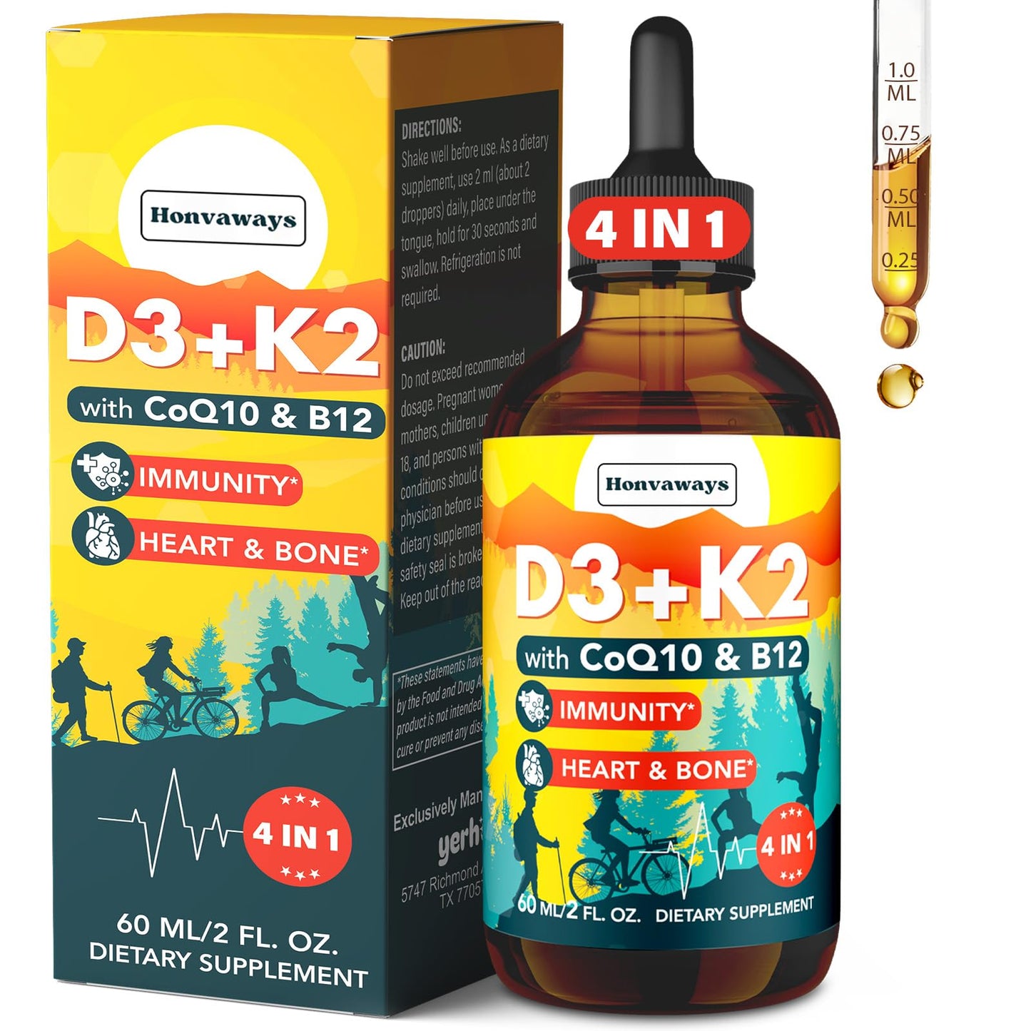 Vitamin D3 K2 MK-7 4000 IU Liquid Drops – CoQ10 & B12 for Bone Health