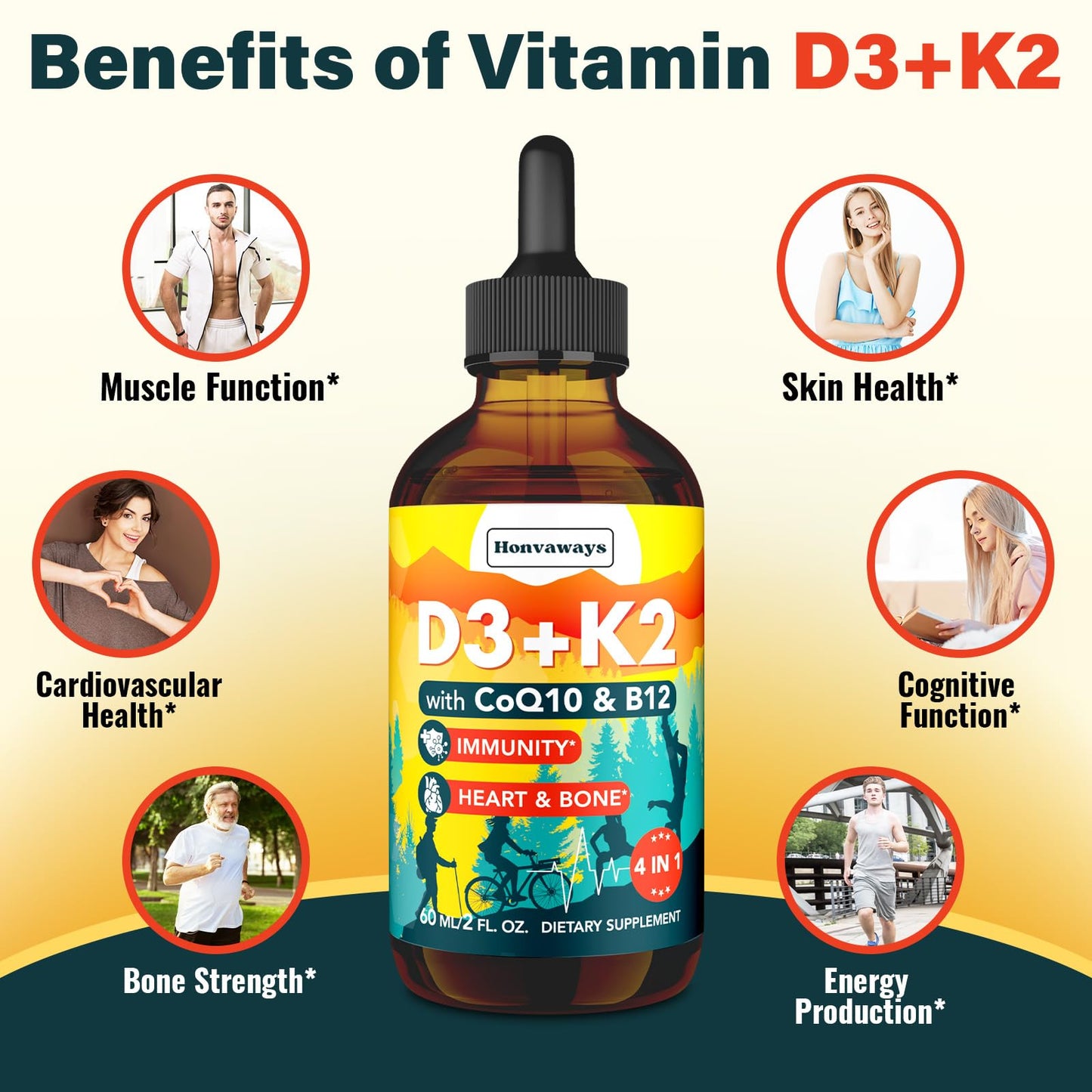 Vitamin D3 K2 MK-7 4000 IU Liquid Drops – CoQ10 & B12 for Bone Health
