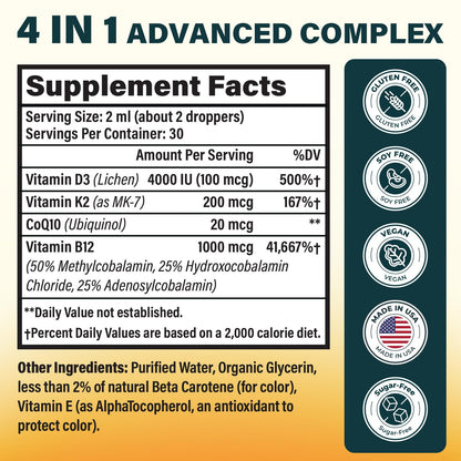 Vitamin D3 K2 MK-7 4000 IU Liquid Drops – CoQ10 & B12 for Bone Health