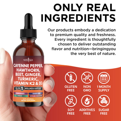 Cayenne Pepper Liquid Drops with Hawthorn Berry, D3 K2, Beet Root Powder, Cinnamon, Turmeric & Ginseng - 2oz