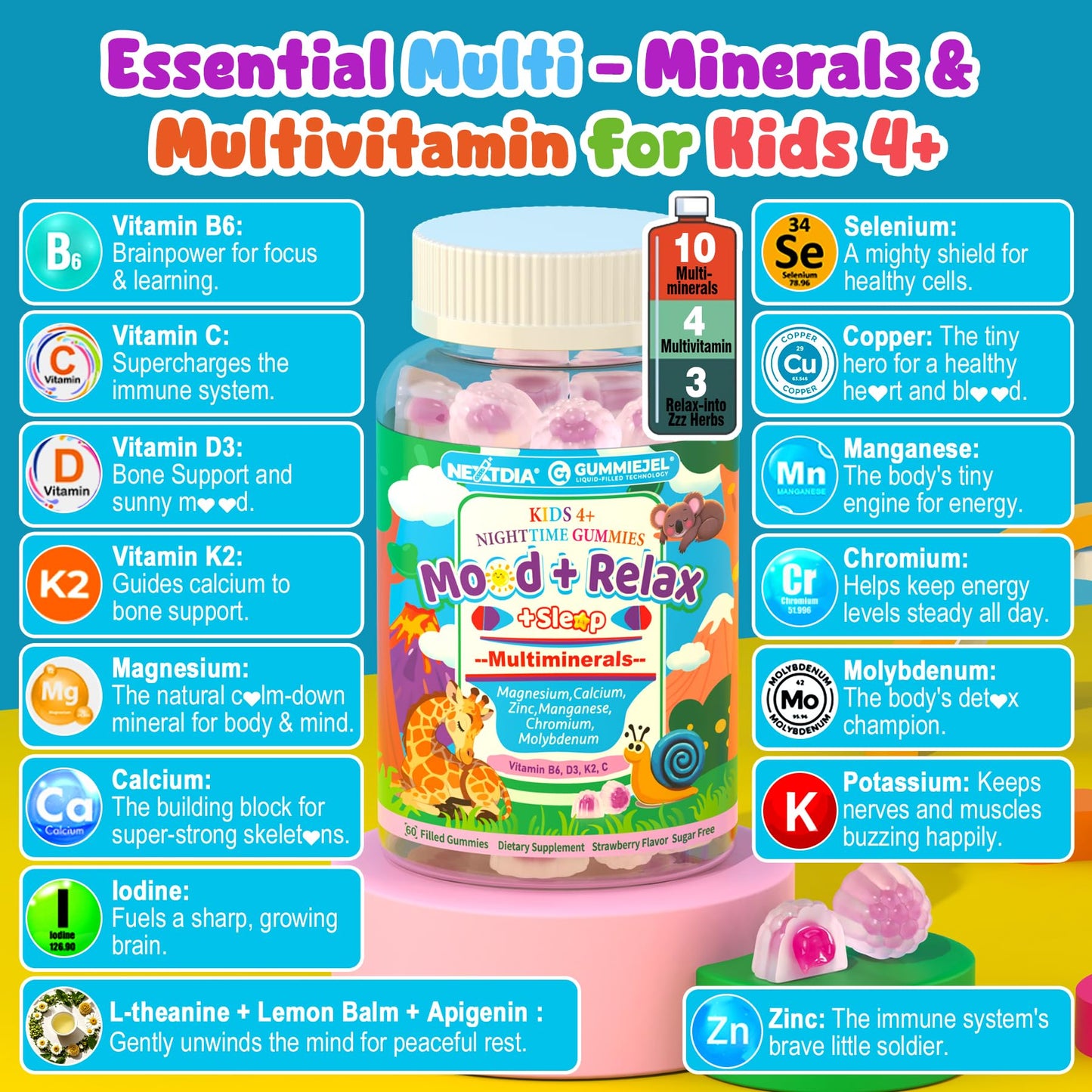 Kids Nighttime Multimineral Gummies – Magnesium, Calcium, Zinc + D3 K2 | No Melatonin