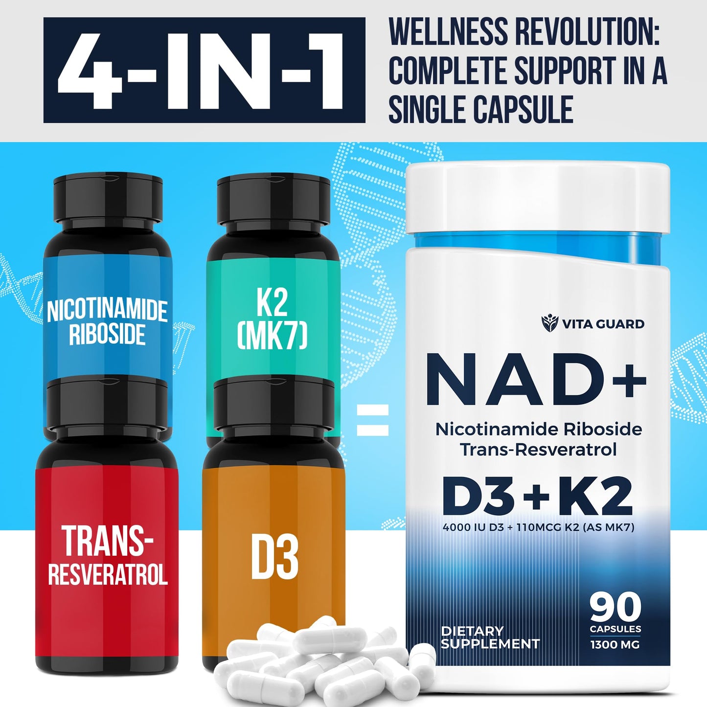 Anti-Aging Energy NAD Supplement – NMN Alternative with Nicotinamide Riboside 1000mg, Trans-Resveratrol 300mg, Vitamin D3 4000 IU and K2 110 mcg MK7 – Vegetarian 60 Capsules, 1300mg