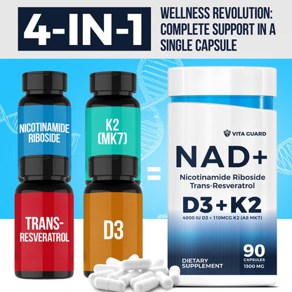 Anti-Aging Energy NAD Supplement – NMN Alternative with Nicotinamide Riboside 1000mg, Trans-Resveratrol 300mg, Vitamin D3 4000 IU and K2 110 mcg MK7 – Vegetarian 60 Capsules, 1300mg