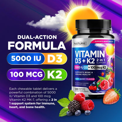 Vitamin D3 K2 Chewable 5000 IU + 100 mcg MK-7 – 2 in 1 Immune, Heart & Bone Support | Berry Flavor | Non-GMO | 120 Tablets