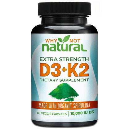 Vitamin D3 K2 (MK-7) with Organic Spirulina – 10,000 IU Veggie Capsules for Bone Health & Immunity