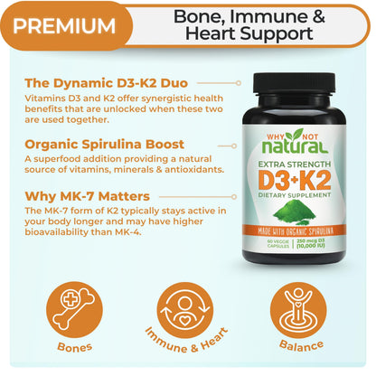 Vitamin D3 K2 (MK-7) with Organic Spirulina – 10,000 IU Veggie Capsules for Bone Health & Immunity