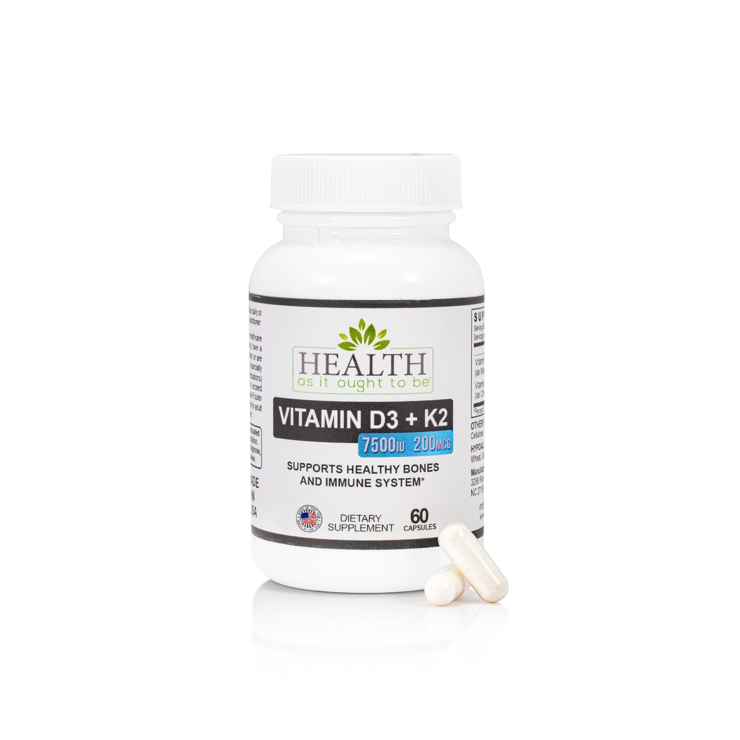 Health As It Ought To Be Vitamin D3 + K2 Supplement – Supports Bones, Heart & Immunity – 60 Capsules