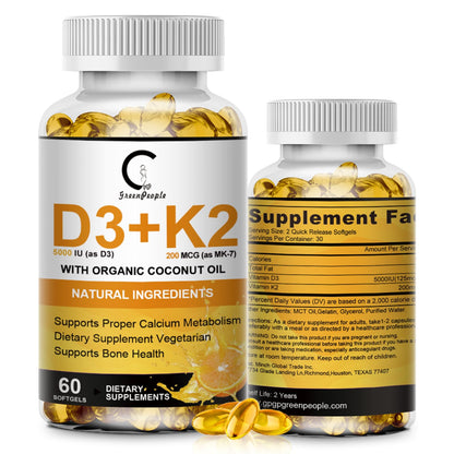 Vitamin D3 K2 Supplement 5000 IU – Plant-Based 60 Count for Bone & Immune Health