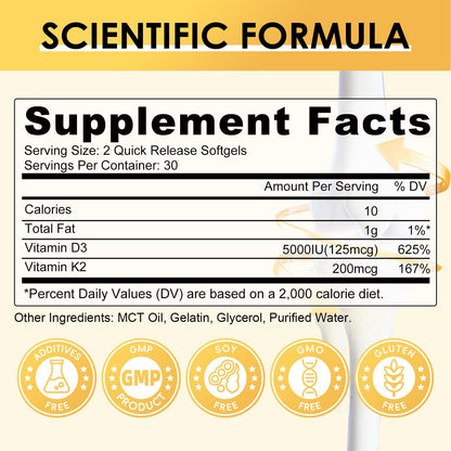 Vitamin D3 K2 Supplement 5000 IU – Plant-Based 60 Count for Bone & Immune Health