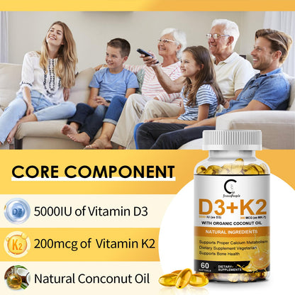 Vitamin D3 K2 Supplement 5000 IU – Plant-Based 60 Count for Bone & Immune Health