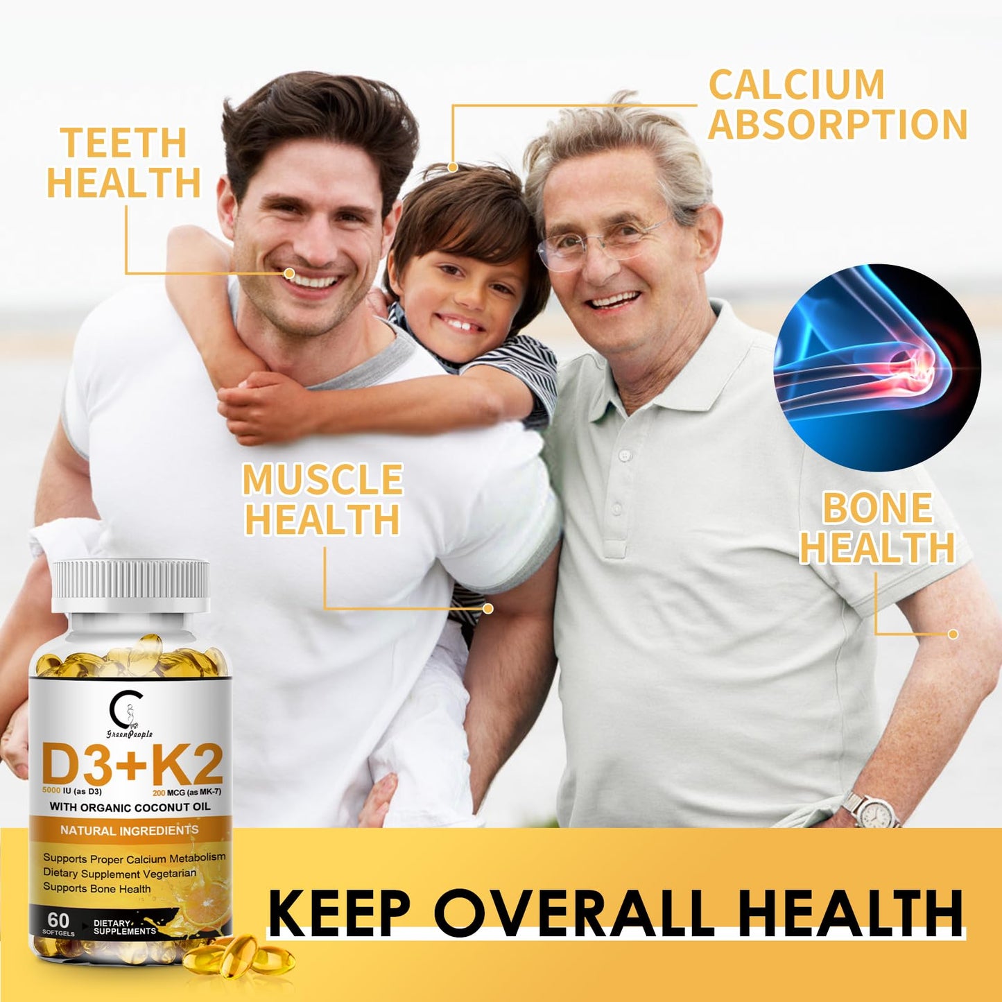 Vitamin D3 K2 Supplement 5000 IU – Plant-Based 60 Count for Bone & Immune Health