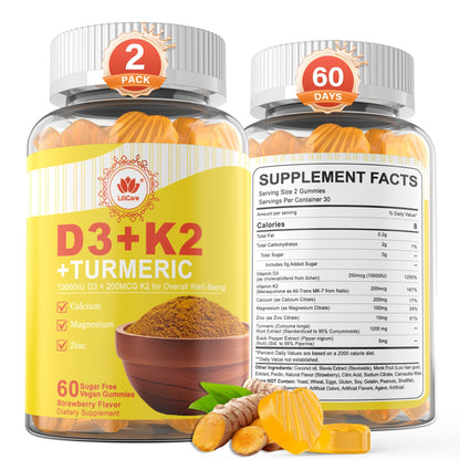 Vitamin D3 10000IU + K2 MK-7 Turmeric Gummies – Vegan 2-Pack | Bone, Immune & Energy Support