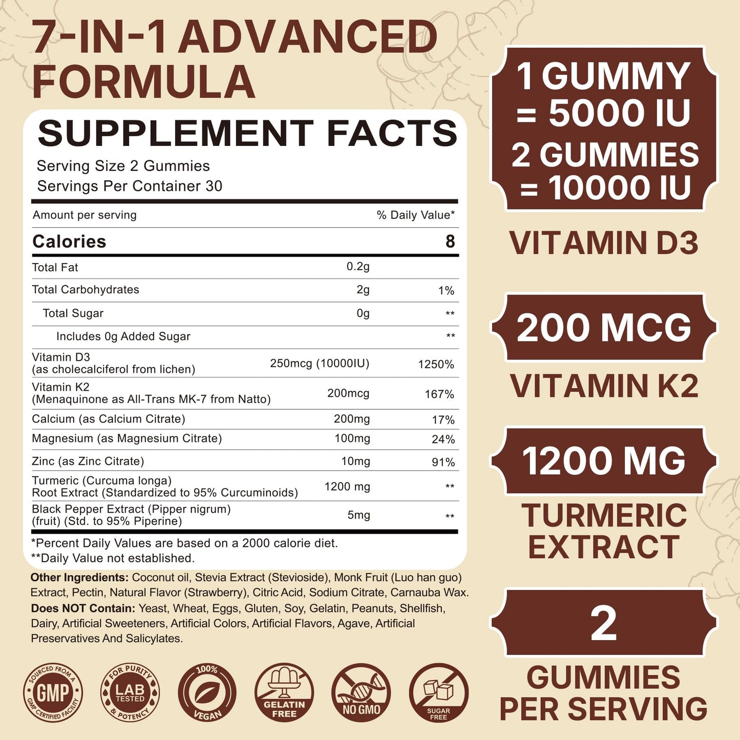 Vitamin D3 10000IU + K2 MK-7 Turmeric Gummies – Vegan 2-Pack | Bone, Immune & Energy Support