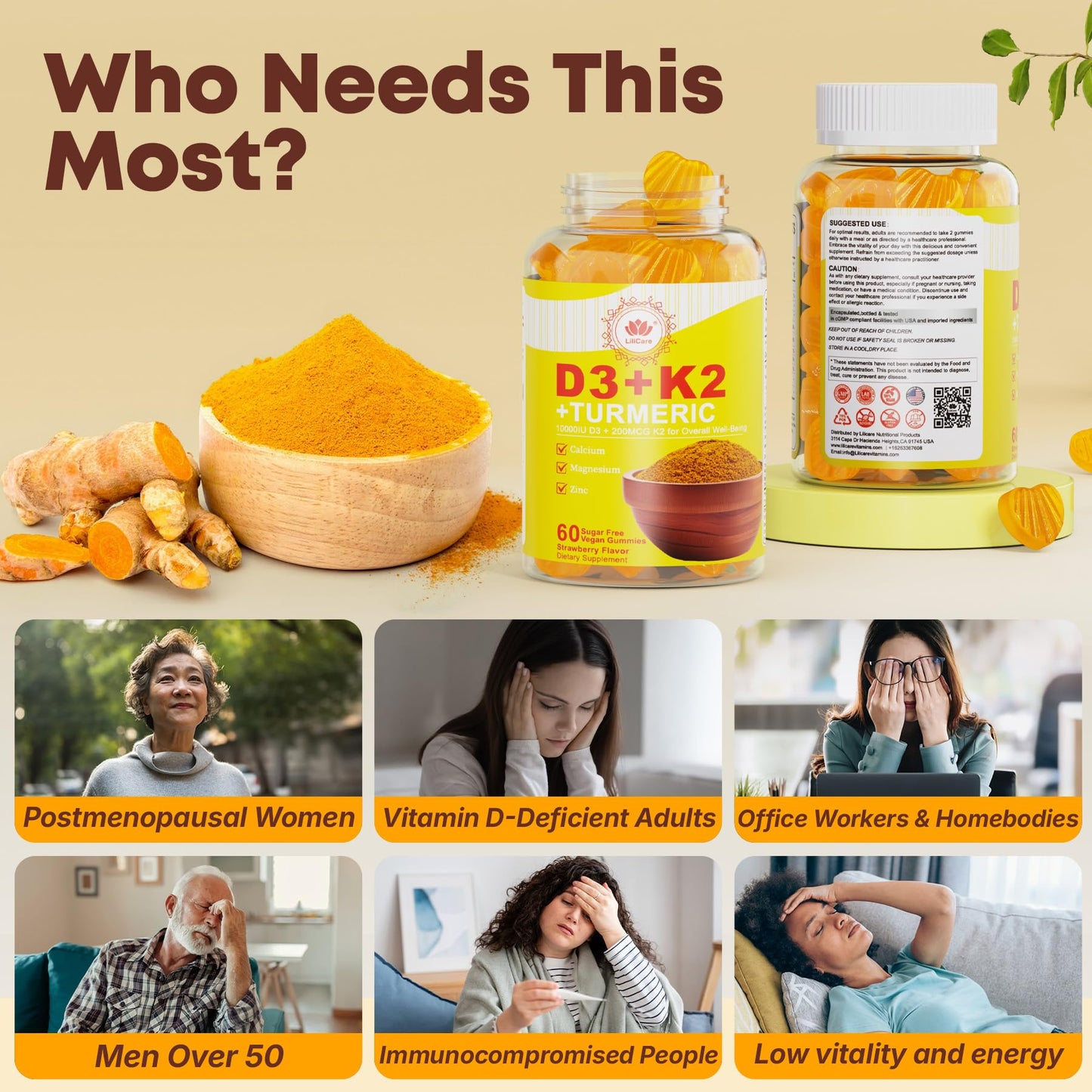 Vitamin D3 10000IU + K2 MK-7 Turmeric Gummies – Vegan 2-Pack | Bone, Immune & Energy Support