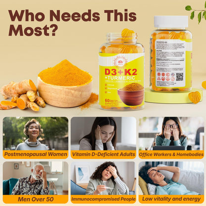 Vitamin D3 10000IU + K2 MK-7 Turmeric Gummies – Vegan 2-Pack | Bone, Immune & Energy Support