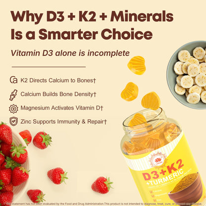 Vitamin D3 10000IU + K2 MK-7 Turmeric Gummies – Vegan 2-Pack | Bone, Immune & Energy Support