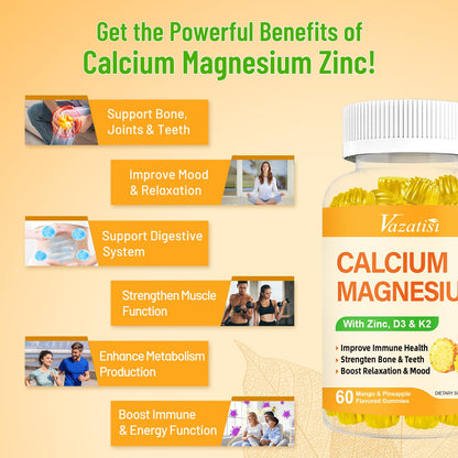Calcium Magnesium Zinc Gummies with Vitamin D3 & K2 – Vegan Mango-Pineapple, 60 Gummies