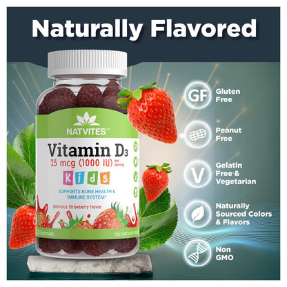 Vitamin D3 Gummies for Kids - 1000 IU Strawberry, Vegan & Non-GMO