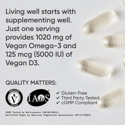 Sports Research Vegan Omega-3 + Vitamin D3 Softgels – 1020mg Omega-3, 5000 IU D3 (60 Veggie Softgels)