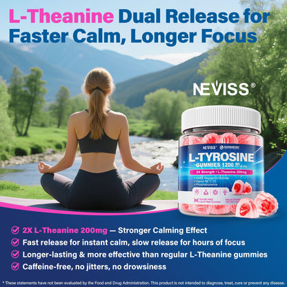 L Tyrosine Gummies 1200mg + GABA L-Theanine Calm & Focus – Vegan Brain Support