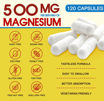 10-in-1 Magnesium Complex 500mg Glycinate, Citrate & Malate - Vitamin D3 & Zinc - 120 Capsules