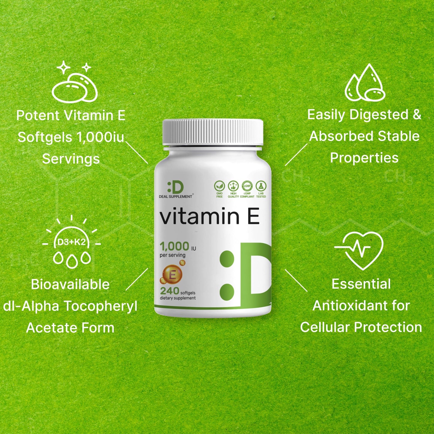 Vitamin E 1,000 IU – 240 Softgels | dl-Alpha Tocopheryl Acetate, Non-GMO