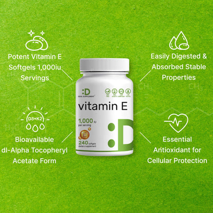 Vitamin E 1,000 IU – 240 Softgels | dl-Alpha Tocopheryl Acetate, Non-GMO