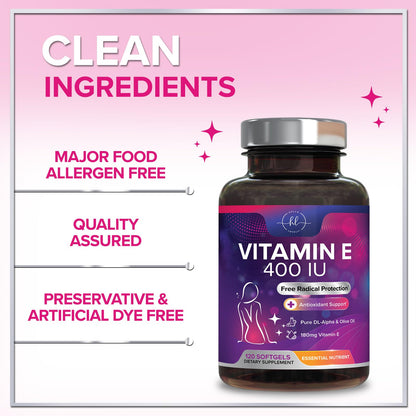 Vitamin E 400 IU Softgels – Hair & Skin Support, Immune Health, Non-GMO, Gluten Free (120 Softgels)