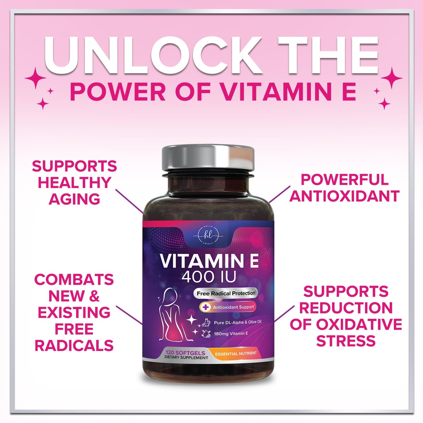 Vitamin E 400 IU Softgels – Hair & Skin Support, Immune Health, Non-GMO, Gluten Free (120 Softgels)