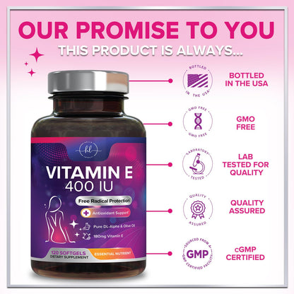 Vitamin E 400 IU Softgels – Hair & Skin Support, Immune Health, Non-GMO, Gluten Free (120 Softgels)
