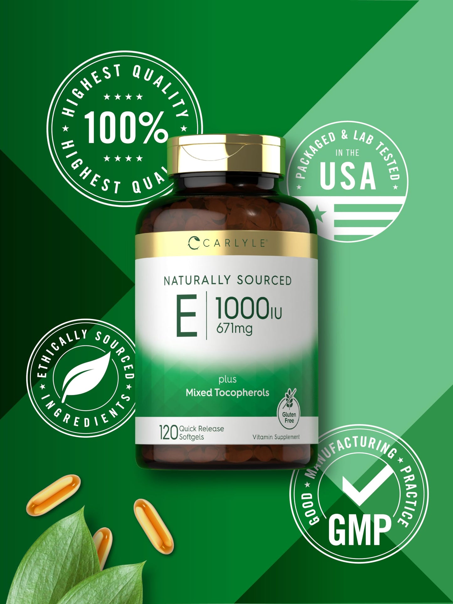 Carlyle Vitamin E 1000 IU Softgels – Mixed Tocopherols – 120 Pills | Non-GMO & Gluten Free