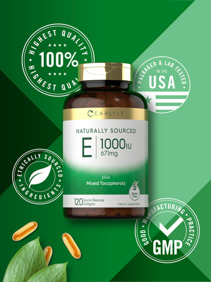 Carlyle Vitamin E 1000 IU Softgels – Mixed Tocopherols – 120 Pills | Non-GMO & Gluten Free