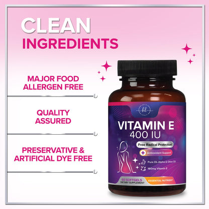 Vitamin E 400 IU (180 mg) – Hair & Skin Support, Immune Health – Non-GMO, Gluten Free | 60 Softgels