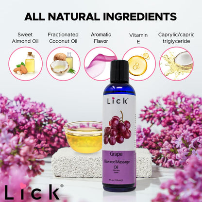 Grape Flavored Massage Oil - Vitamin E, Sweet Almond & Coconut Oil, 4 oz (Vegan, Non-Sticky)