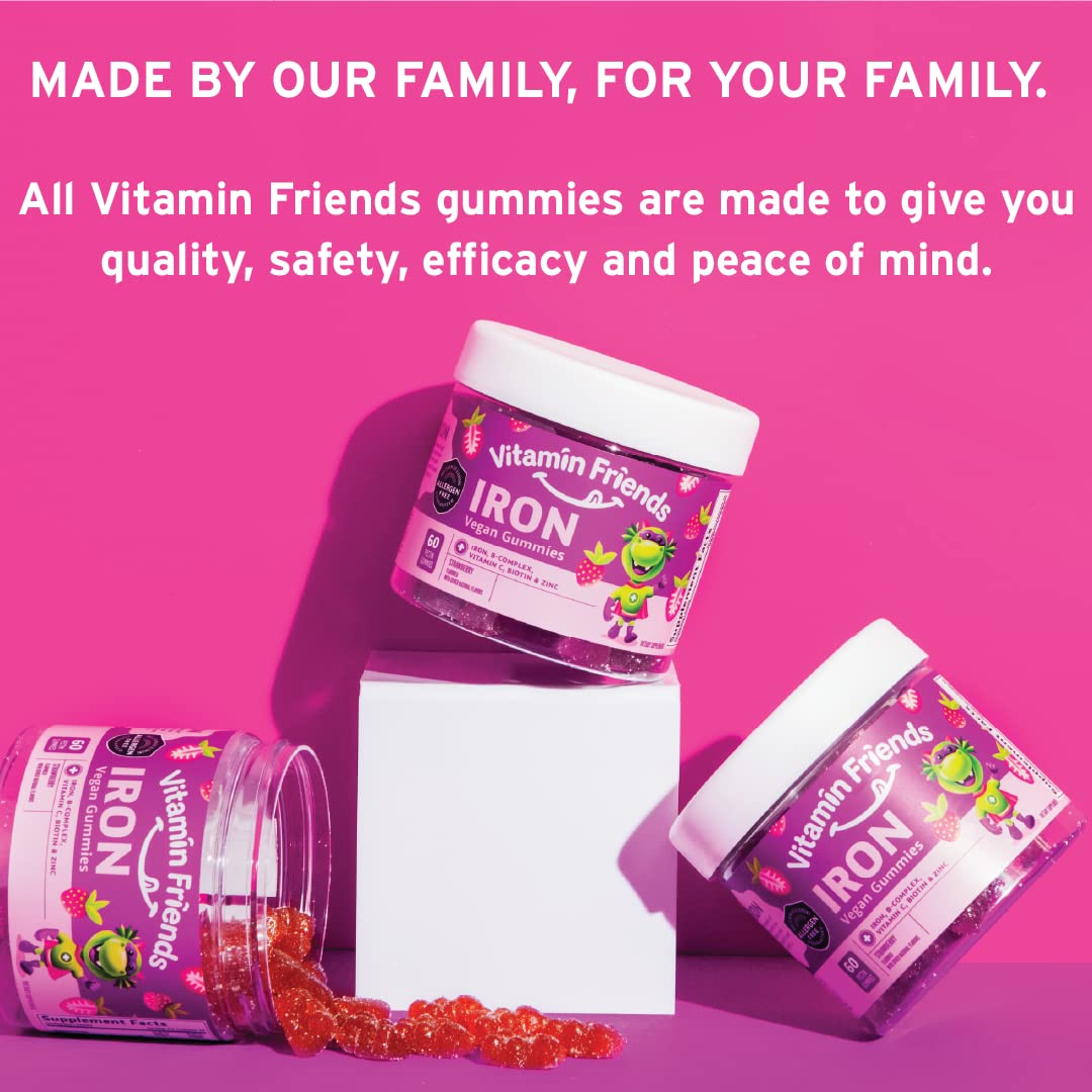 Vitamin Friends Vegan Iron Gummies for Kids – 60 Day Strawberry Multivitamin + Ferrous Fumarate