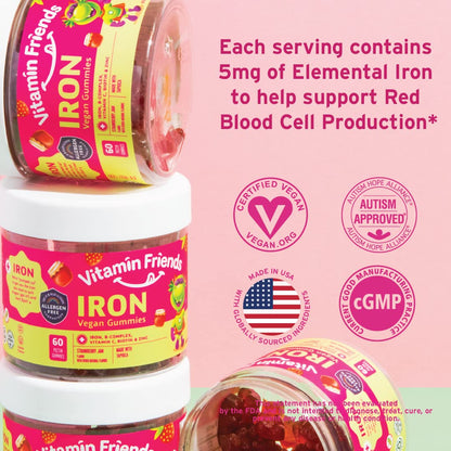 Vitamin Friends Vegan Kids Multivitamin & Iron Gummies – Strawberry Jam (60 Day Supply)