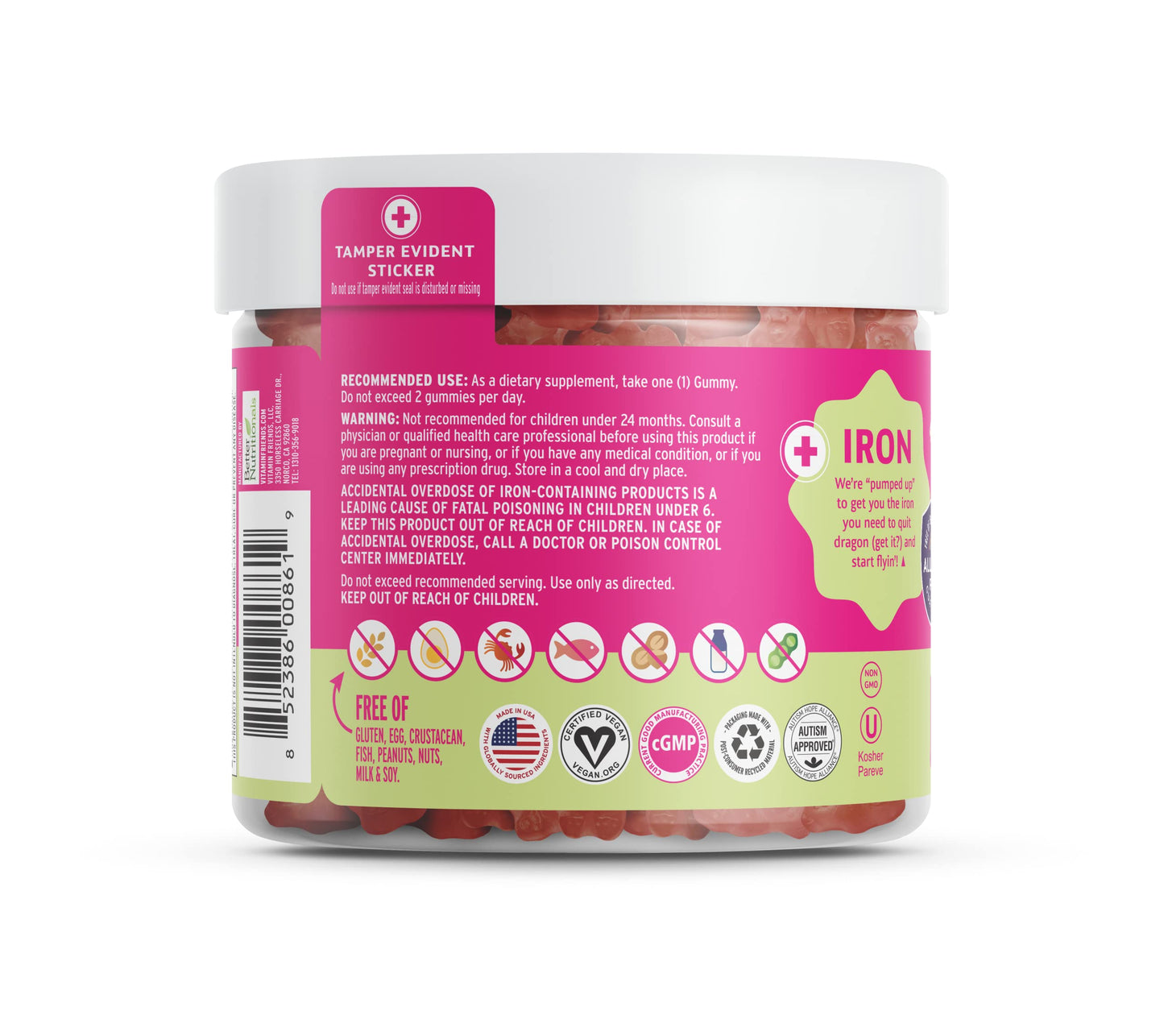 Vitamin Friends Vegan Kids Multivitamin & Iron Gummies – Strawberry Jam (60 Day Supply)